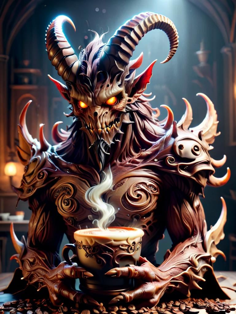 cofzee, a horned deamon holding a cup of coffee, made out of coffee <lora:cofzee:1>