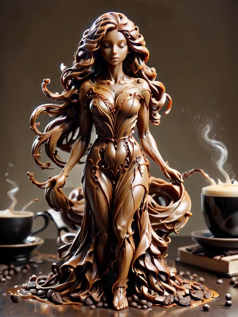 cofzee, a statue of a woman with a flowing hair, made out of coffee <lora:cofzee:1>