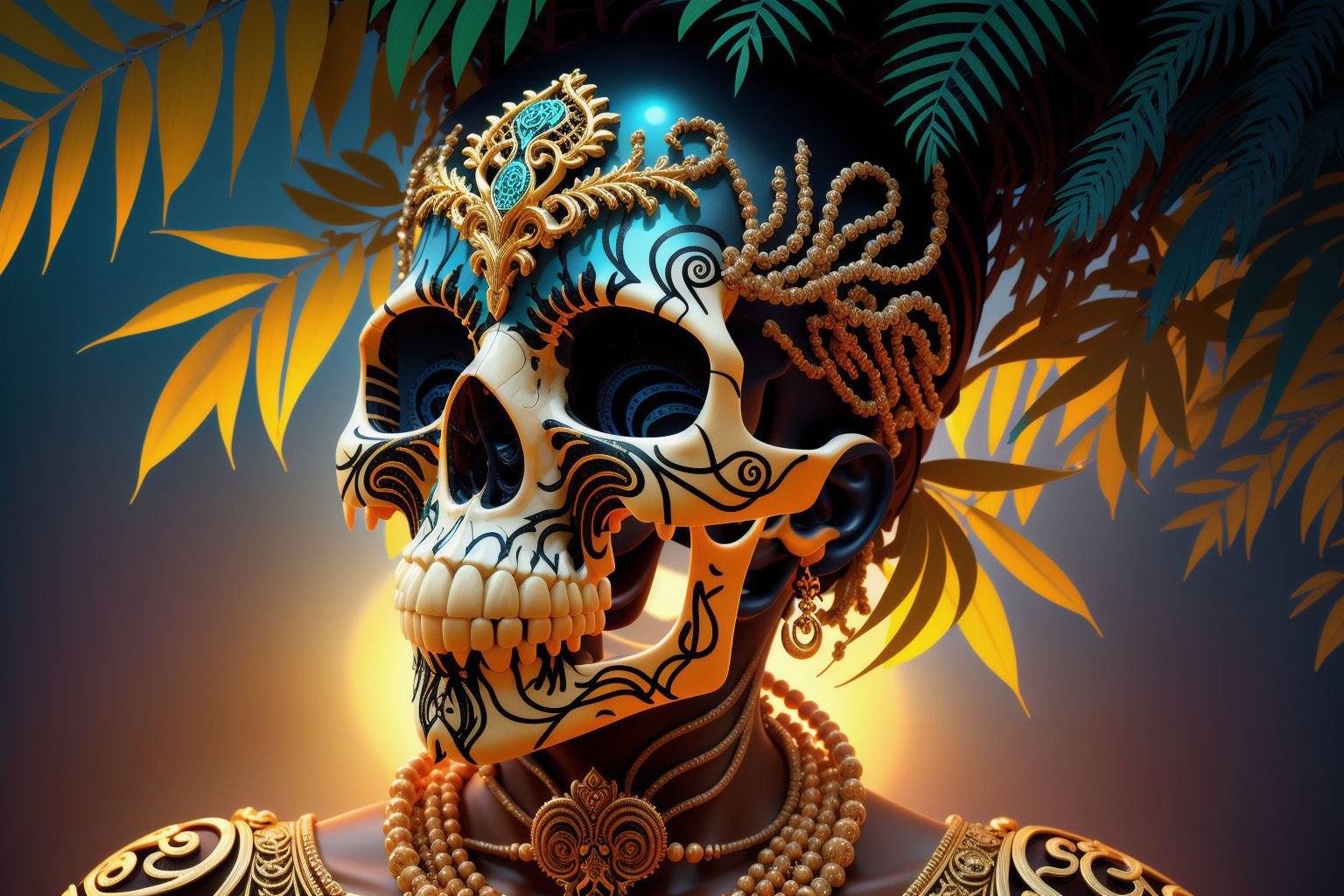 epoxy_skull, (illustration), (masterpiece), (best quality), (detailed), Sokana, Goddess of Nature, as she first revealed herself in the Bugunda Kingdom of the African Great Lakes region, ethereal and awe-inspiring, adorned with elements of nature and traditional African symbols, majestic posture, surrounded by lush vegetation and wildlife, vibrant color palette, golden hour lighting, high-resolution 8k digital painting, capturing the divine presence and reverence of the goddess <lora:epiNoiseoffset_v2:1> <lora:epoxy_skull:1>