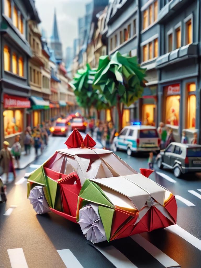 ral-orgmi, a origami paper car on a city street <lora:ral-orgmi-sdxl:1>