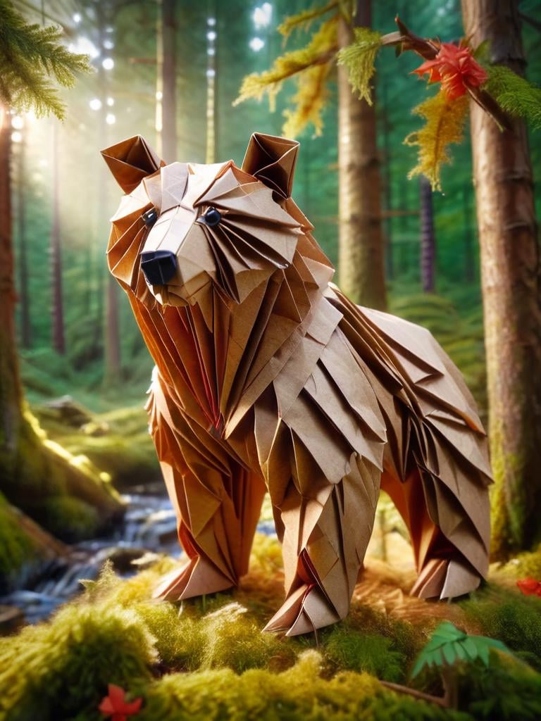 ral-orgmi, a bear made out of origami paper in a forest <lora:ral-orgmi-sdxl:1>