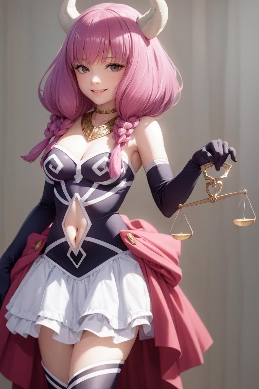 masterpiece, best quality, <lora:aura:1>,1girl, holding scale, scale,fire,solo, gloves, horns, elbow gloves, navel cutout, breasts, navel, smile, thighhighs, twin braids, clothing cutout, braid, grin, sketch, skirt, purple gloves, purple hair, cleavage, pink hair, medium breasts, grey background, brown eyes, long hair, bangs, looking at viewer, simple background, purple thighhighs