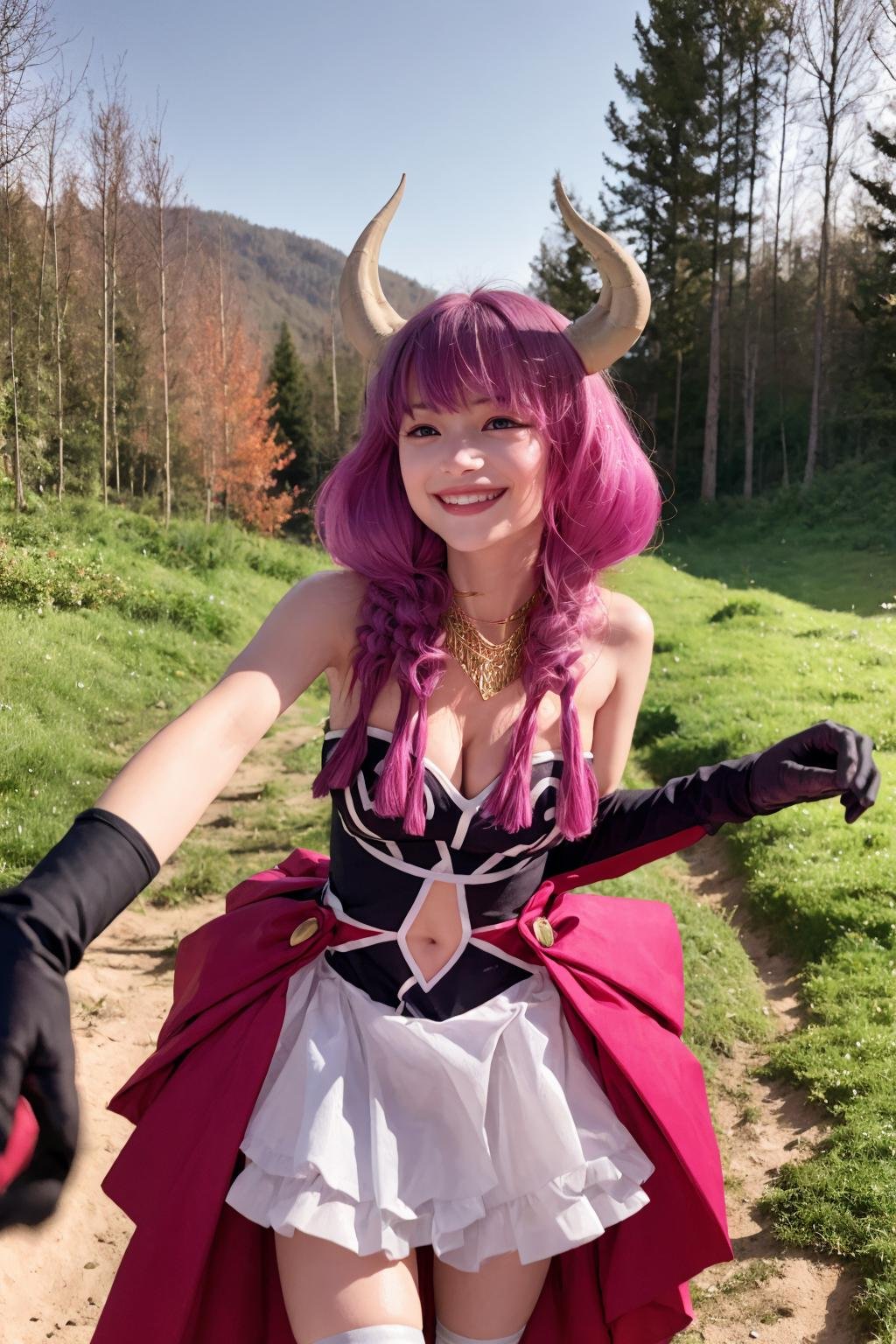 masterpiece, best quality, 8K,realistic, (photoshop \(medium\):1.2),night,forest, <lora:aura:1>,1girl,horns,pink hair,long hair,twin braids,purple eyes, necklace, cleavage, bare shoulders, gloves,navel cutout, skirt,thighhighs,grin,cowboy shot, 