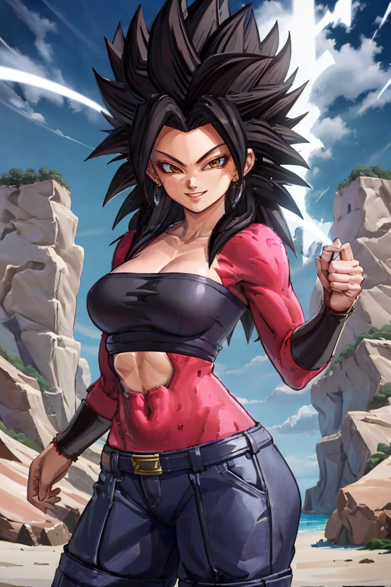 <lora:Harada_Takehito_v2_Repeats5 :0.8>,((masterpiece,best quality)), absurdres, energy, aura, electricity,  <lora:Super_Saiyan_4_Caulifla:0.8>, Super_Saiyan_4_Caulifla,  black shirt, sleeveless, bare shoulders,  solo, smiling, smug, looking at viewer, cowboy shot, contrapposto, cinematic composition,