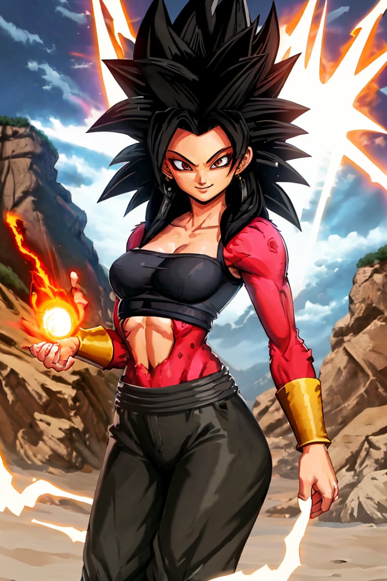 <lora:Genzoman_Style_Dim64:0.6>,((masterpiece,best quality)), absurdres, energy, aura, electricity,  <lora:Super_Saiyan_4_Caulifla:0.8>, Super_Saiyan_4_Caulifla,  black shirt, sleeveless, bare shoulders,  solo, smiling, smug, looking at viewer, cowboy shot, contrapposto, cinematic composition,