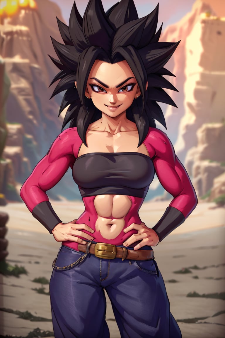 <lora:twistedscarlett60_style:0.8>,((masterpiece,best quality)), absurdres,  <lora:Super_Saiyan_4_Caulifla:0.7>, Super_Saiyan_4_Caulifla,  (black crop top),  solo, smiling, smug, hand on hip, looking at viewer, cowboy shot, contrapposto, cinematic composition,