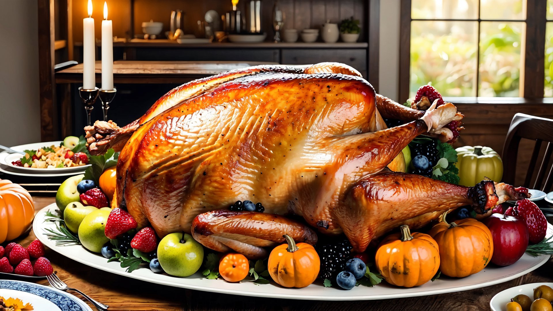 huge Thanksgiving turkey, surrounded by abundant food and fruit,