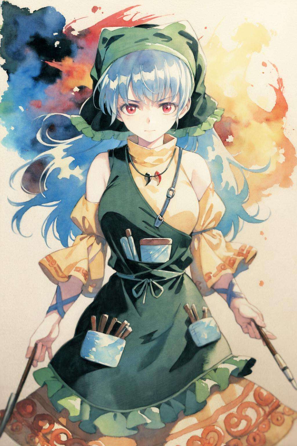 masterpiece, best quality,simple background,  <lora:style19:1>, watercolor \(medium\), traditional media, fire,  <lora:HaniyasushinKeiki:1>, haniyasushin keiki, 1girl,head scarf, blue hair,long hair,red eyes,jewelry,magatama necklace,long puffy sleeves,  arm ribbon,single strap, yellow dress,green apron, pocket,tools