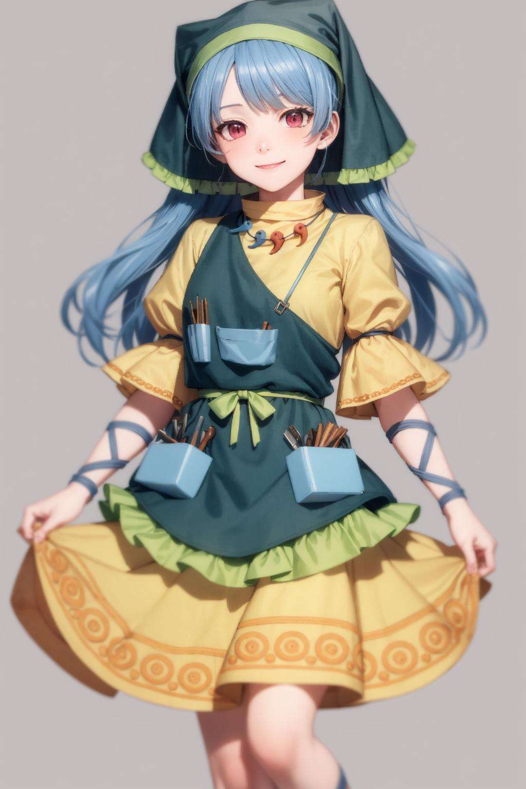 masterpiece, best quality,grey background, smile,  <lora:HaniyasushinKeiki:1>, haniyasushin keiki, 1girl,head scarf, blue hair,long hair,red eyes,jewelry,magatama necklace,long puffy sleeves,  arm ribbon,single strap, yellow dress,green apron, pocket,tools