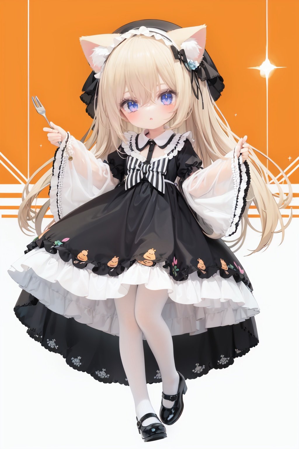  (cinematic lighting), dreamy atmosphere, Ray tracing, (((solo))), (loli:1.5), (child:1.5), (petite:1.5), green eyes, (animal ears), dress, solo, food, blonde hair, open mouth, long hair, pancake, flower, holding, bow, smile, fork, bird, socks, looking at viewer, shoes, striped background, holding fork, bonnet, striped, frills, long sleeves, :d, yellow dress, bangs, eyebrows visible through hair, blush, green nails, hair bow, nail polish, diagonal stripes, chick, sparkle, frilled dress, orange bow, fruit, full body, :3, hair between eyes, green bow, puffy sleeves, heart, lemon, orange footwear, animal ear fluff, white bow, cat ears, bobby socks, orange headwear, see-through sleeves, blue background, striped bow, hair ornament, white legwear, mary janes