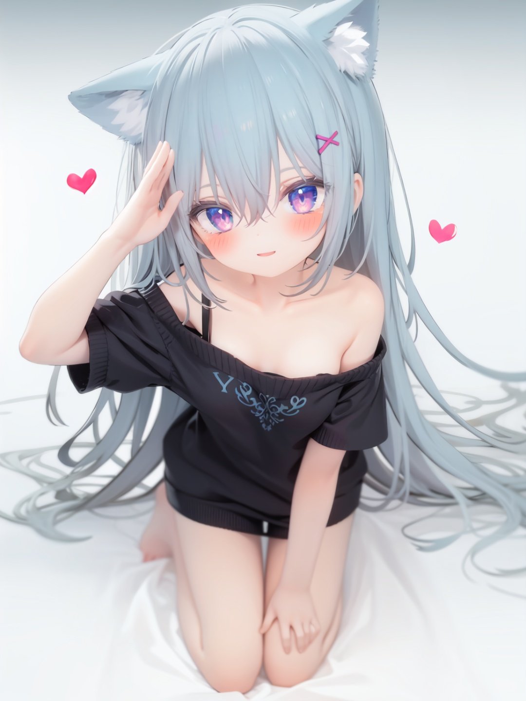  petite, loli, solo, animal ears, heart, puffy short sleeves, blue hair, long hair, off shoulder, bangs, hair ornament, gradient background,rainbow gradient, x hair ornament, animal ear fluff, looking at viewer, very long hair, blush, smile, cat ears, bare shoulders, collarbone, hand up, gradient sweater, hair between eyes, symbol-shaped pupils, arm up, heart-shaped pupils, hairclip, medium breasts, salute, bare legs,full body