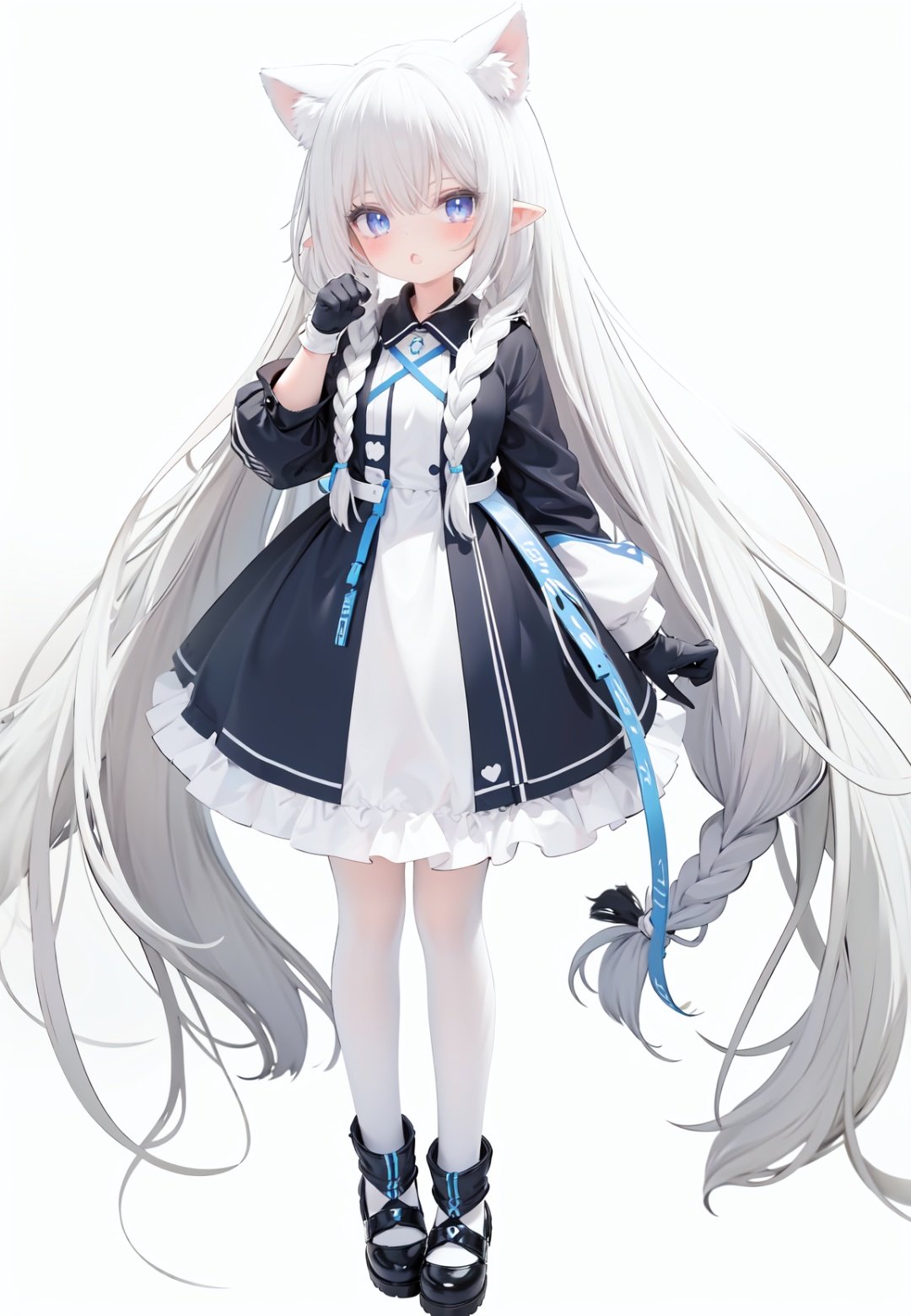  1girl, white_gloves, braid, full_body, gloves, long_hair, official_alternate_costume, pointy_ears, simple_background, solo, standing, very_long_hair, white_background, white hair, blue eyes, paw claw pose, open_mouth