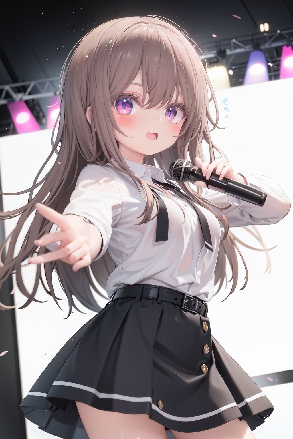  1girl, solo, microphone, smile, skirt, blush, brown eyes, long hair, open mouth, looking at viewer, brown hair, long sleeves, :d, shirt, bangs, belt, breasts, pink shirt, outstretched arm, music, black belt, medium breasts, holding microphone, singing