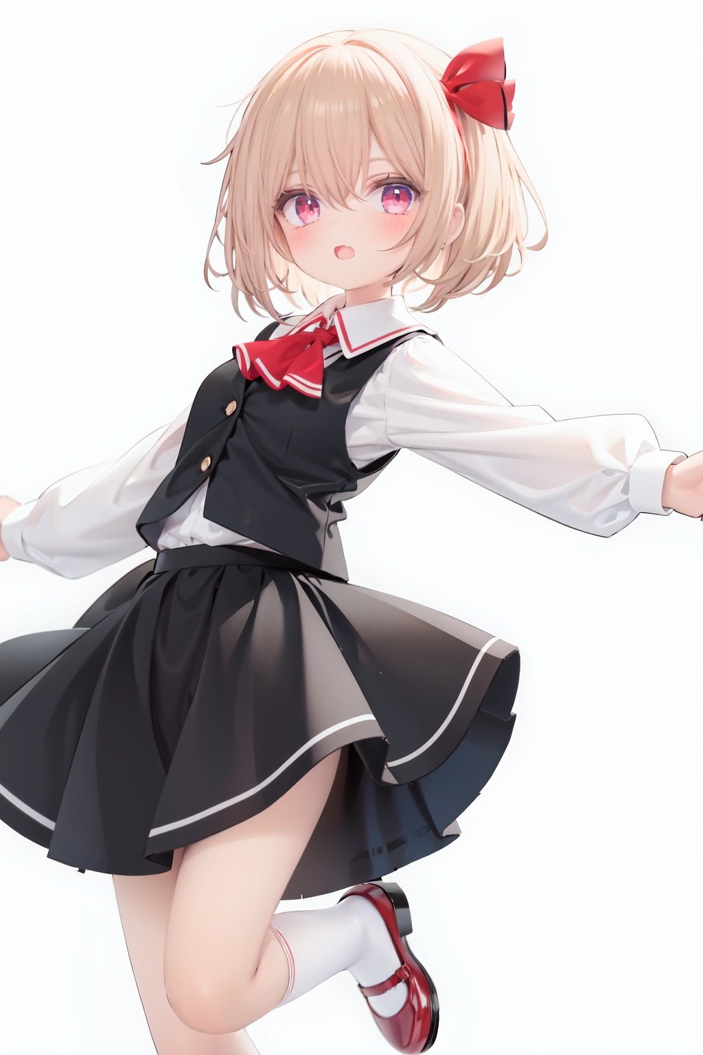  1girl, rumia, blonde hair, solo, white background, red eyes, red footwear, simple background, ascot, short hair, ribbon, open mouth, hair ribbon, smile, long sleeves, shirt, looking at viewer, red ascot, white socks, white shirt, red ribbon, shoes, socks, frills, bangs, outstretched arms, hair between eyes, skirt, :d, dress, vest, mary janes, black dress, black skirt, collared shirt, black vest, blush