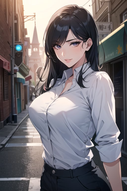 ((masterpiece)), ((best quality)), (ultra-detailed), absurdres, extremely detailed CG unity 8k wallpaper, Official Art, (realistic), beautiful face, detailed hands, expressive eyes, upper body, close up, solo, (street, scenery, illustration, dramatic lighting:1.1), (standing, arm at side, seductive smile, parted lips:1.2), (1girl, older girl, onee-san, big sister, narrow waist, medium breasts, sharp eyelashes, lips:1.4), (shirt, pants:1.3), ((masterpiece)), , absurdres, HDR