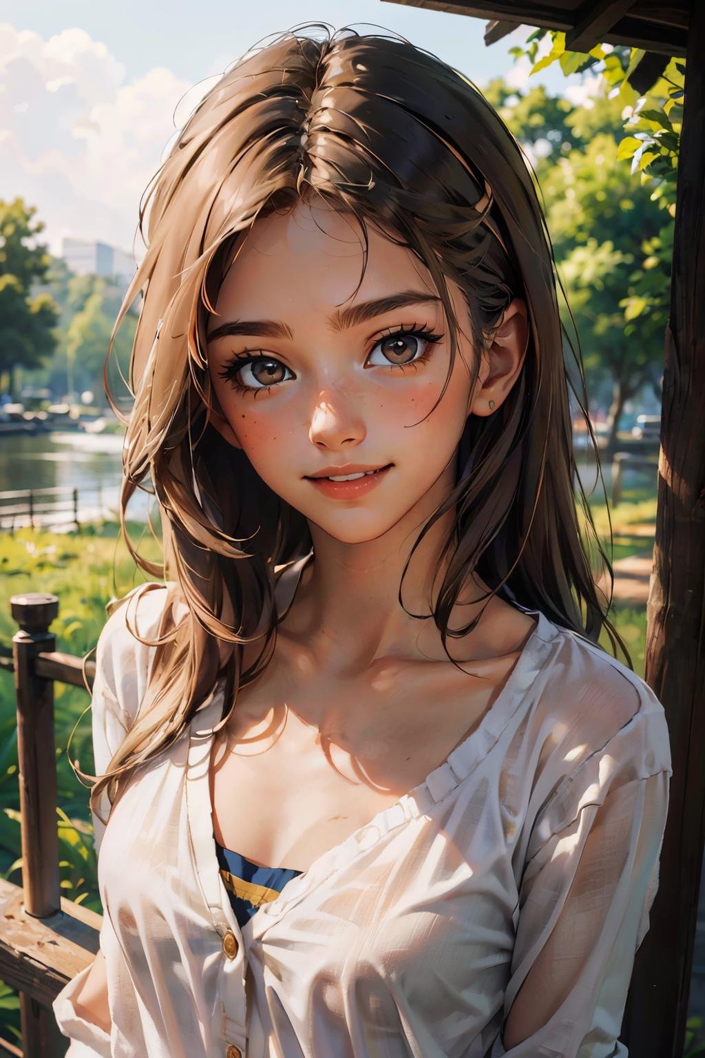 <lora:Julia:.8>, long brown hair, brown eyes, slender, wearing casual clothing, long cardigan, white shirt, looking at viewer, smiling, portrait, outside, overcast, extreme detail, masterpiece, 