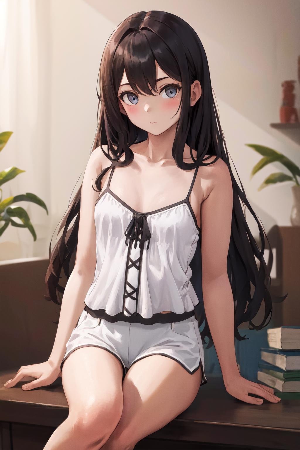 masterpiece, best quality, highres, 1girl white camisole <lora:rin_tohsaka_white_camisole:1> sitting