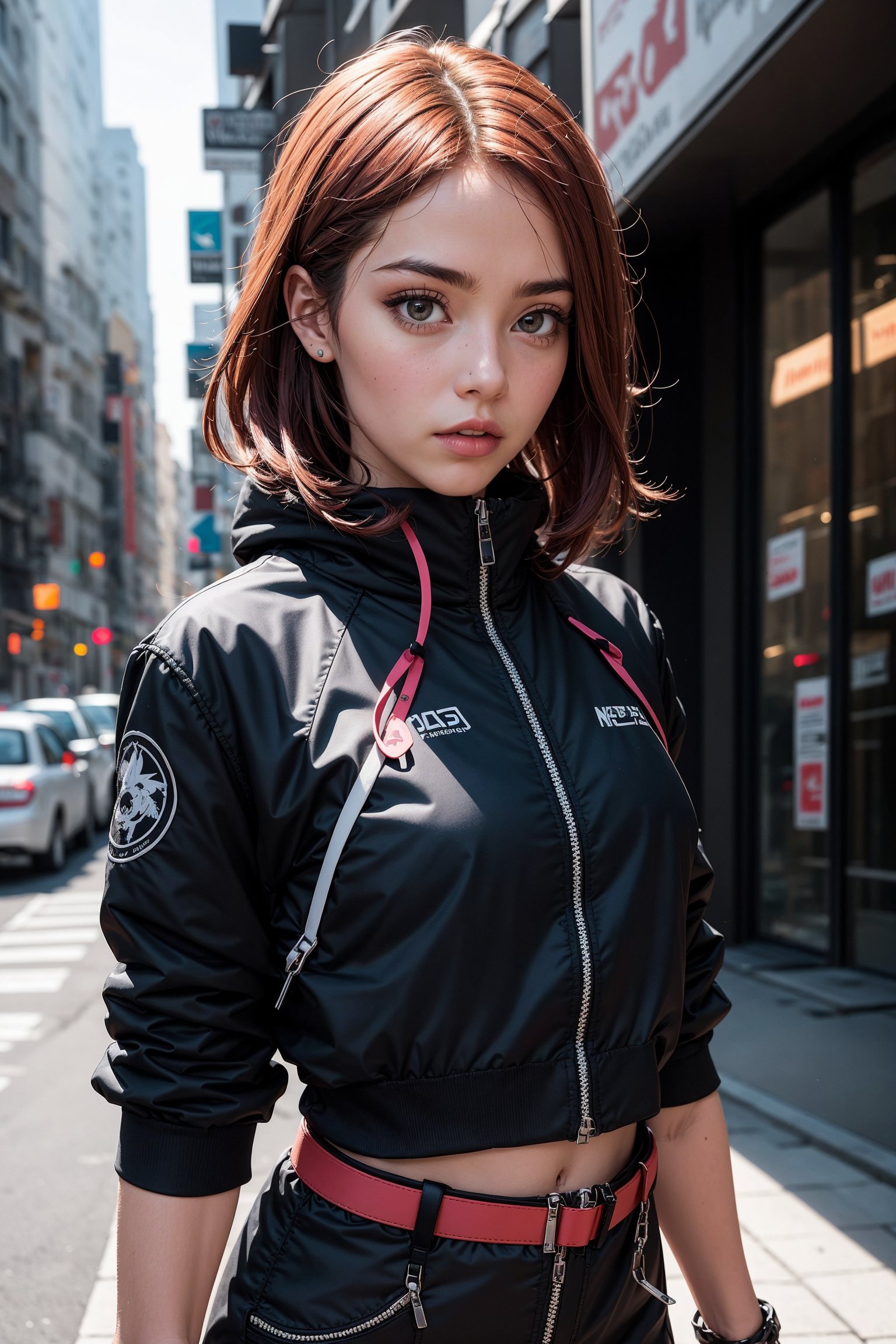 1girl,AgoonGirl ,urban techwear,Detailedface,outfit,Detailedeyes, red hair,AgoonGirl