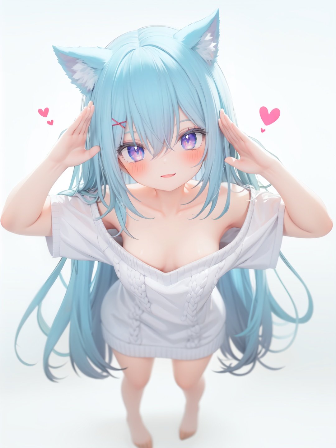  petite, loli, solo, animal ears, heart, puffy short sleeves, blue hair, long hair, off shoulder, bangs, hair ornament, gradient background,rainbow gradient, x hair ornament, animal ear fluff, looking at viewer, very long hair, blush, smile, cat ears, bare shoulders, collarbone, hand up, gradient sweater, hair between eyes, symbol-shaped pupils, arm up, heart-shaped pupils, hairclip, medium breasts, salute, bare legs,full body