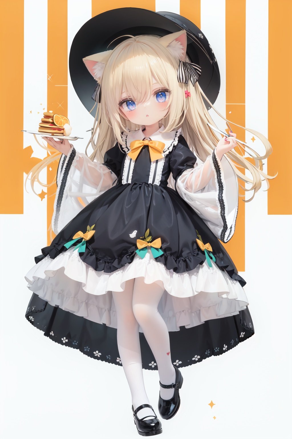  (cinematic lighting), dreamy atmosphere, Ray tracing, (((solo))), (loli:1.5), (child:1.5), (petite:1.5), green eyes, (animal ears), dress, solo, food, blonde hair, open mouth, long hair, pancake, flower, holding, bow, smile, fork, bird, socks, looking at viewer, shoes, striped background, holding fork, bonnet, striped, frills, long sleeves, :d, yellow dress, bangs, eyebrows visible through hair, blush, green nails, hair bow, nail polish, diagonal stripes, chick, sparkle, frilled dress, orange bow, fruit, full body, :3, hair between eyes, green bow, puffy sleeves, heart, lemon, orange footwear, animal ear fluff, white bow, cat ears, bobby socks, orange headwear, see-through sleeves, blue background, striped bow, hair ornament, white legwear, mary janes