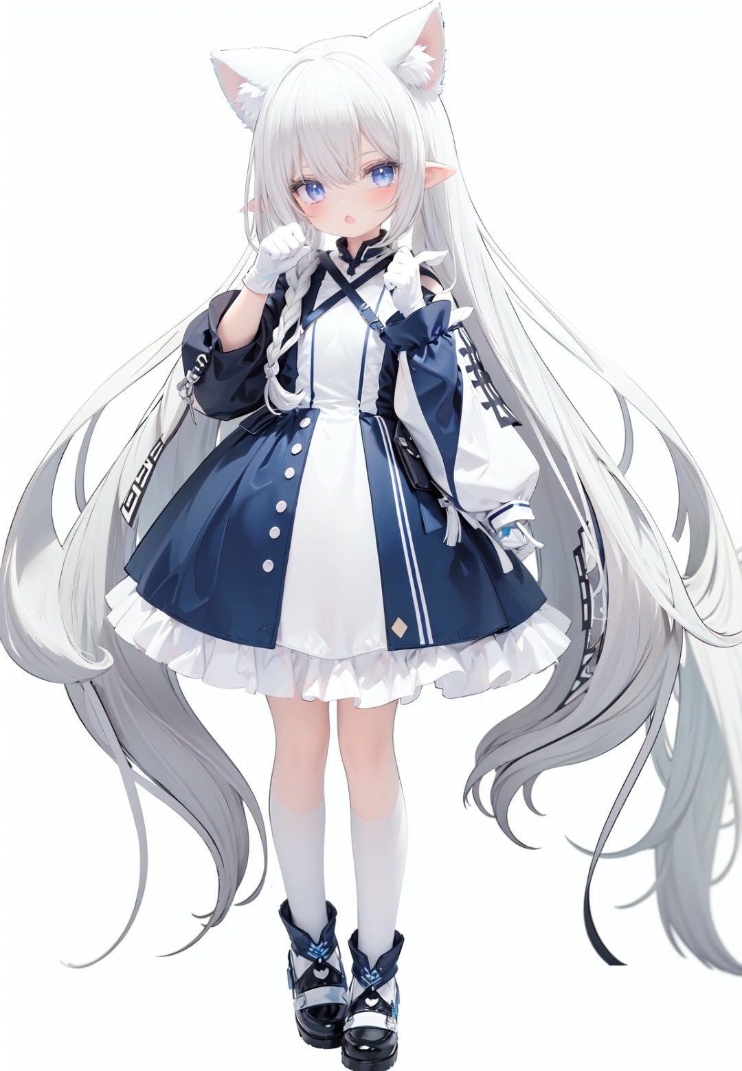  1girl, white_gloves, braid, full_body, gloves, long_hair, official_alternate_costume, pointy_ears, simple_background, solo, standing, very_long_hair, white_background, white hair, blue eyes, paw claw pose, open_mouth