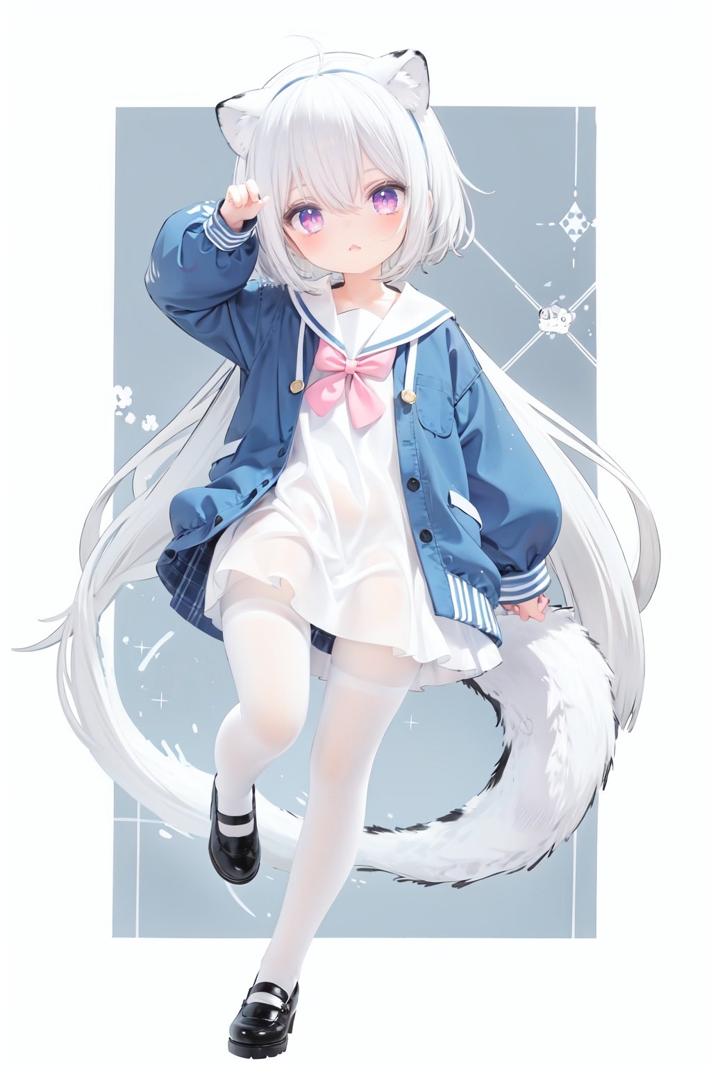  cute,Infant,solo blue shirt,blue sailor coat,loli,full body,white hair,snow leopard ear,white background,pink eyes,laugh,happy,white pantihose,white pantyhose,red armband,