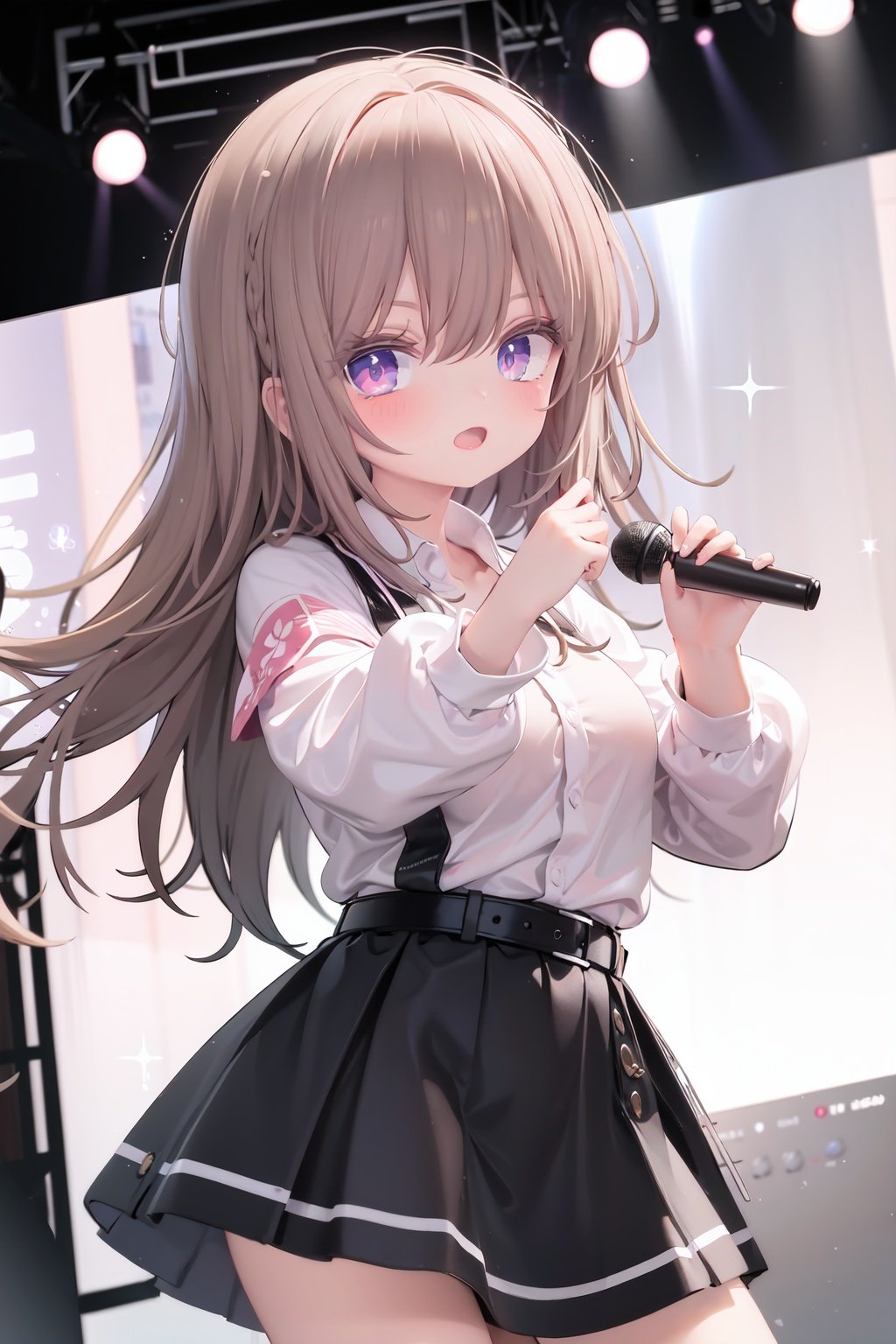  1girl, solo, microphone, smile, skirt, blush, brown eyes, long hair, open mouth, looking at viewer, brown hair, long sleeves, :d, shirt, bangs, belt, breasts, pink shirt, outstretched arm, music, black belt, medium breasts, holding microphone, singing