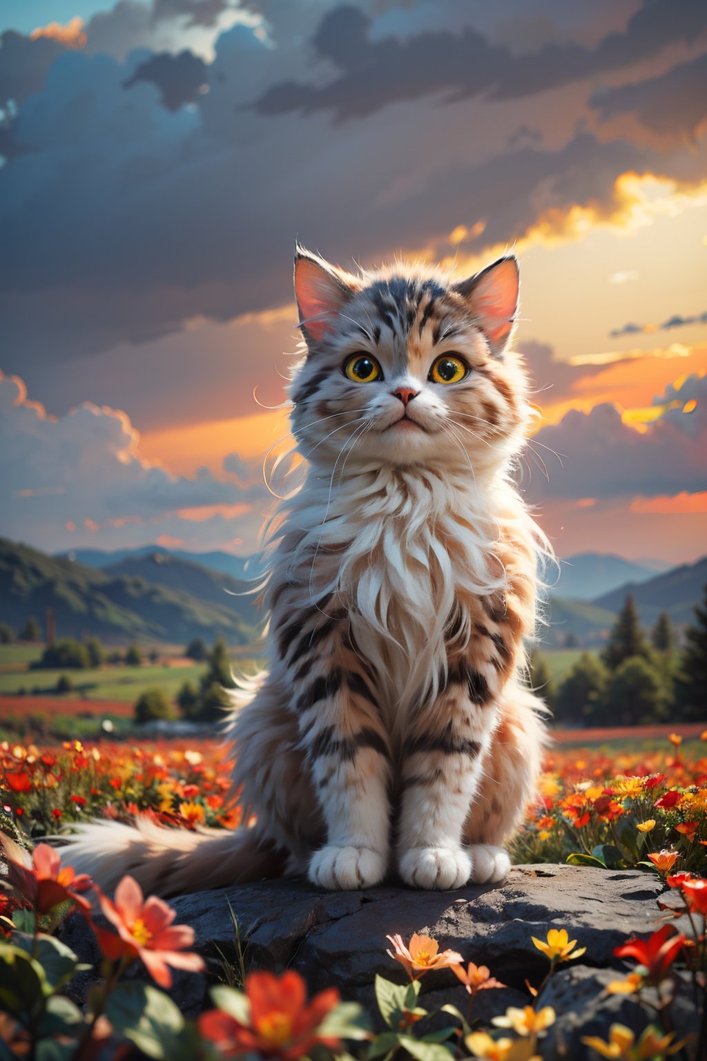 (cat girl:1.3),maorong fengge,unity 8k wallpaper,best quality,masterpiece,(photorealistic:1.4),cloudy sky,cloud,standing,chanpingtu,sunlight,(looking at viewer:1.2),(ultra detailed:1.3),light rays,luozilan,flower,looking at viewer,<lora:调亮度-2~2 add_brightness:0.6>,full body,scenery,cloud,sky,day,flower,outdoors,<lora:maorongfengge:0.6>,