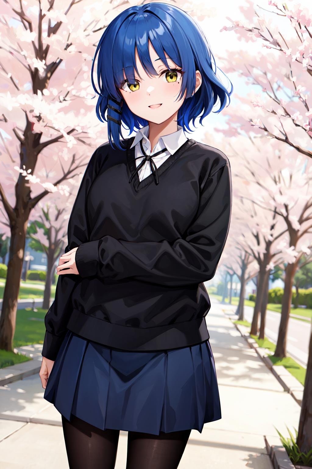 masterpiece,best quality,highres,ultra-detailed,aaryou,(mole under eye:0.7),short hair,bangs,hairclip,(school uniform:1.2),(black sweater:1.1),black ribbon,white shirt,long sleeves,sleeves past wrists,blue skirt,(black pantyhose:1.1),loafers,<lora:yamada_ryou:0.8>,outdoors,cherry blossoms,standing,smile,cowboy shot,