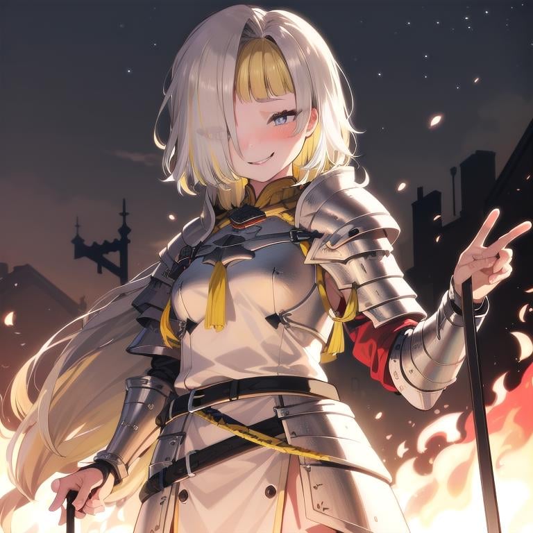 masterpiece, best quality, 1girl, standing,  smile, blonde hair, hair over one eye,  multicolored hair, grey eyes, medival armor,  (surrounded by fire), <lora:Kromer:1> 