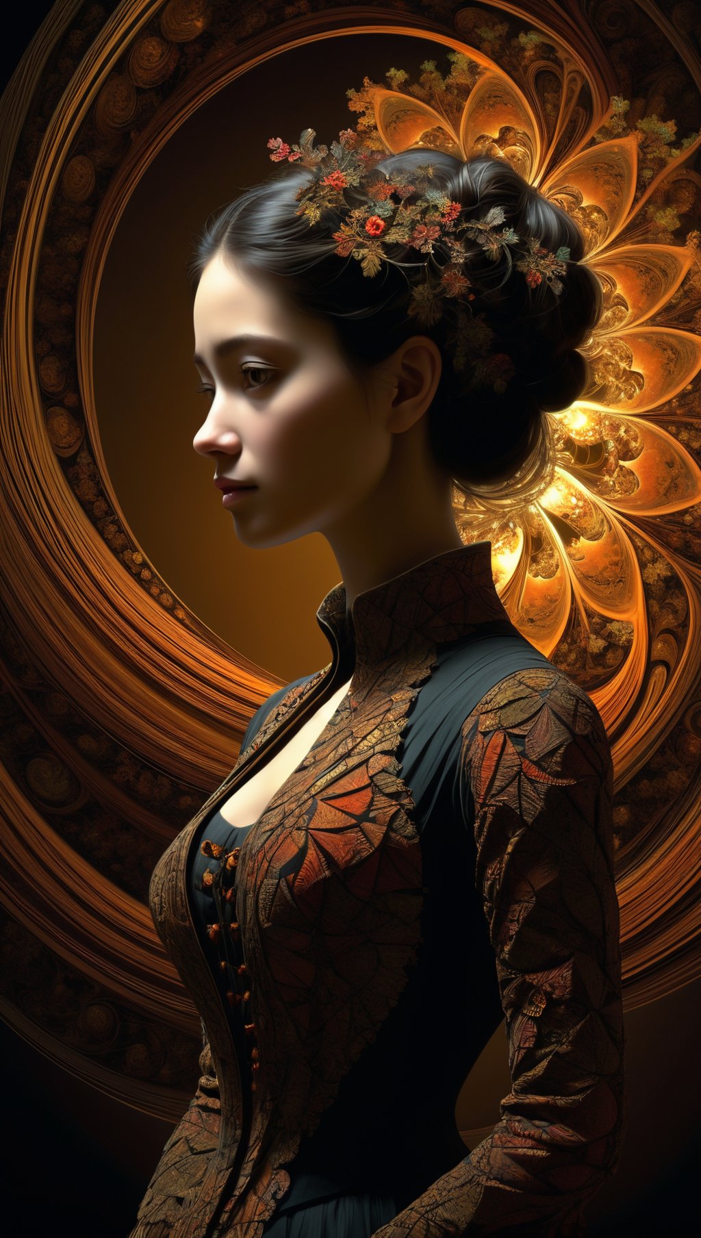 masterpiece,best quality,ultra high res,1 woman,(fractal art:1.3),deep shadow,dark theme,forlorn,