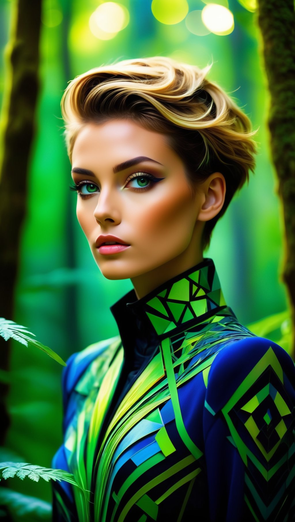 A surreal and creative image of a beautiful androgynous person in the style of Paul Lehr. The background is surrounded by lush green forest,with geometric patterns that flow likeita fashion shoot from fractal flame,which are highly detailed & intricate. She has a very bright effect,& it's clear to be achingly beautiful aesthetic,vibrant. By Mark R,