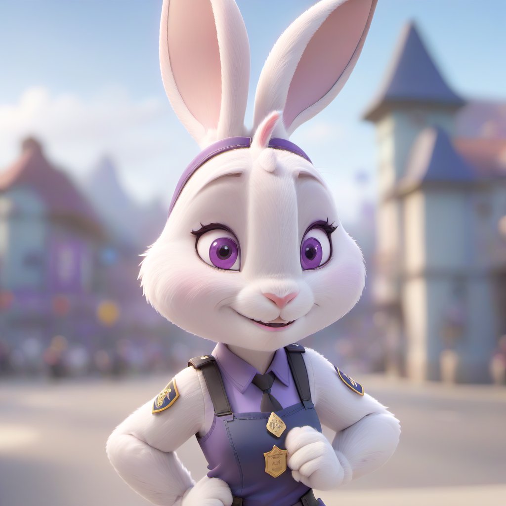 disney style, uniform, rabbit, shirt, vest, day, upper body, hands on hips, rabbit girl, animal nose, smile, furry, police, 1girl, solo, animal ears, rabbit ears, policewoman, grey fur, furry female, long sleeves, purple eyes, blurry background, police uniform, outdoors, blurry, blue shirt