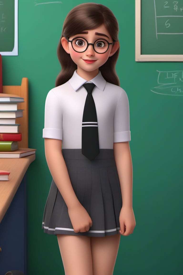 disney style,one girl wearing round glasses in school dress, short skirt and socks. white shirt with black necktie