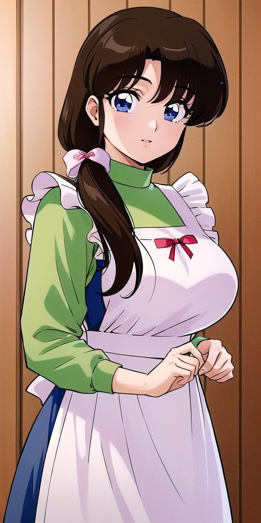 <lyco:Tendou_KasumiV3:0.7>, tendou_kasumi, Apron_Pinkish_White_Ribbon, Green_Turtleneck_Shirt_Blue_Skirt, standing, solo, large breasts,, masterpiece, best quality, detailed face, detailed eyes, highres,