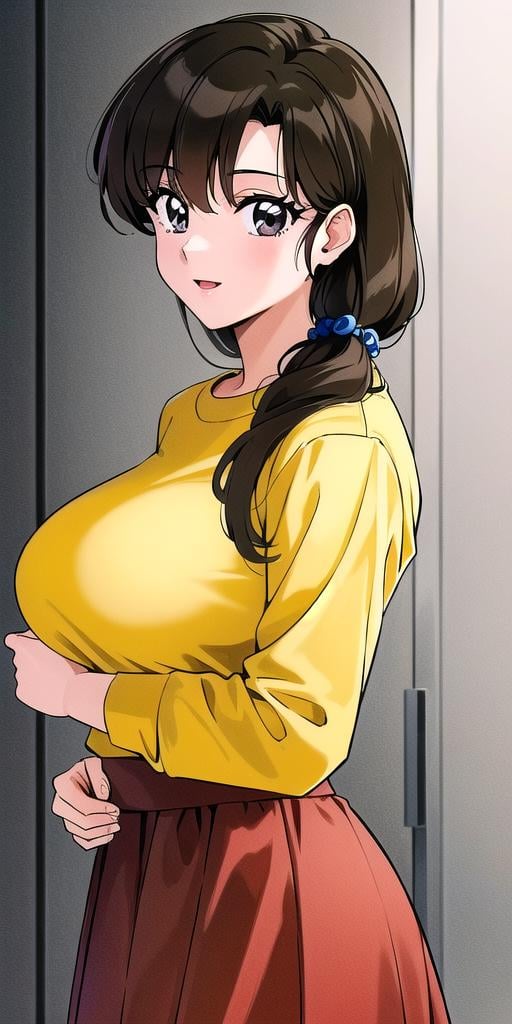 <lyco:Tendou_KasumiV3:0.7>, tendou_kasumi, , Yellow_Sweater_Red_Skirt, standing, solo, large breasts,, masterpiece, best quality, detailed face, detailed eyes, highres,