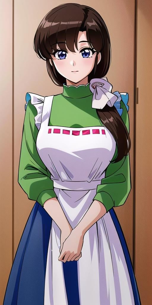 <lyco:Tendou_KasumiV3:0.7>, tendou_kasumi, Apron_Pinkish_White_Ribbon, Green_Turtleneck_Shirt_Blue_Skirt, standing, solo, large breasts,, masterpiece, best quality, detailed face, detailed eyes, highres,