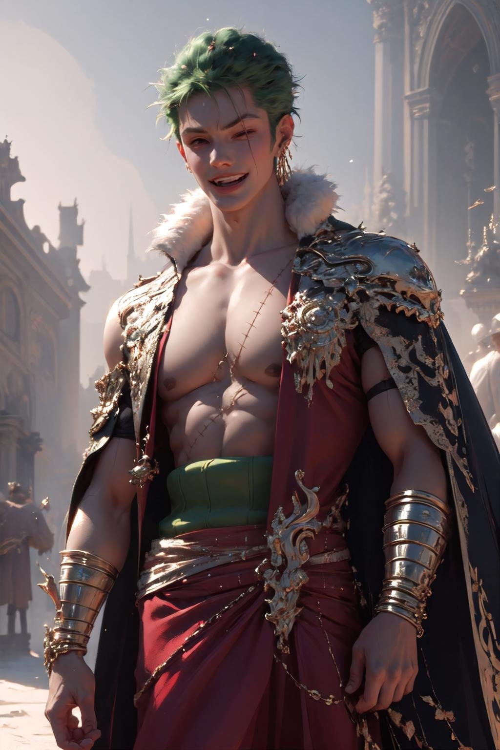 <lora:wrenchftmfshn:1>, wrenchftmfshn, fantasy clothing, jewelry, light smile, <lora:onepiece_zoro:1>, roronoa zoro, muscular male, scar, scar across eye, fur trim, cape, hair ornament, (loincloth:1.1), red dress, <lora:wlpstyl-000009:1>, wlpstyl, 