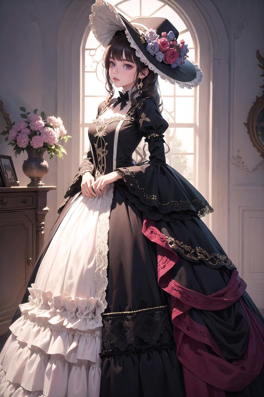 <lora:wrenchrococodome:1>, wrenchrococodome, black dress, hat, dress flower, 