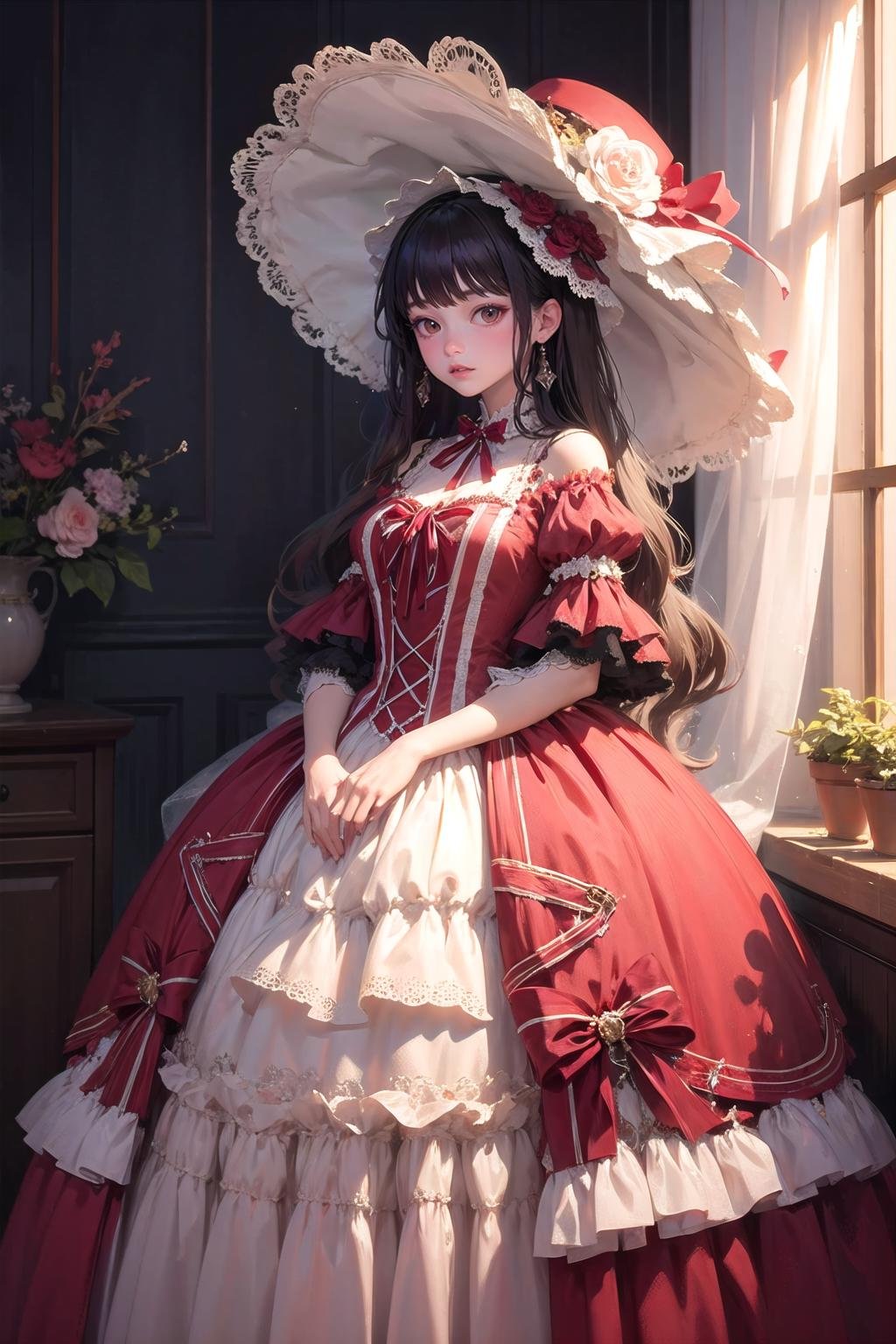 <lora:wrenchrococodome:1>, wrenchrococodome, red dress, hat, dress flower, 