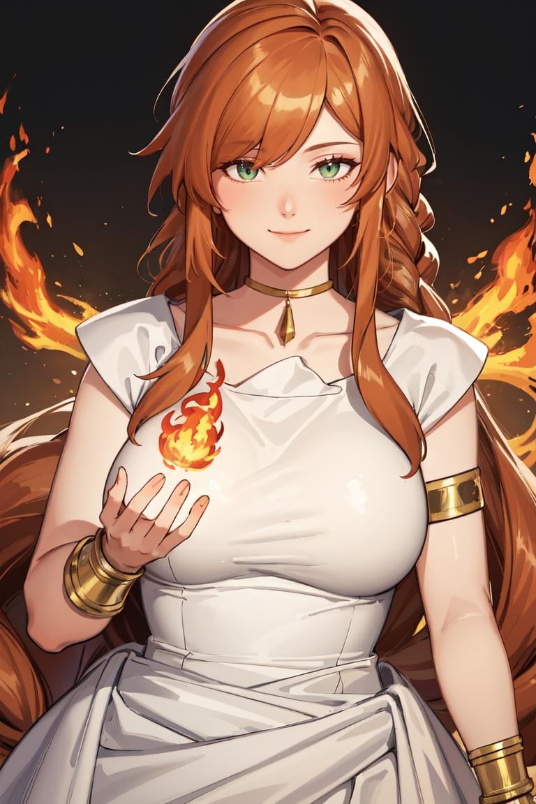 masterpiece, best quality, absurdres, perfect anatomy, 1girl, solo, FlammeFrieren, long hair, braid, greek clothes, sleeveless dress, armlet, bracelet, upper body, print background, fire, flames, magic, smile, <lora:Flamme:1>