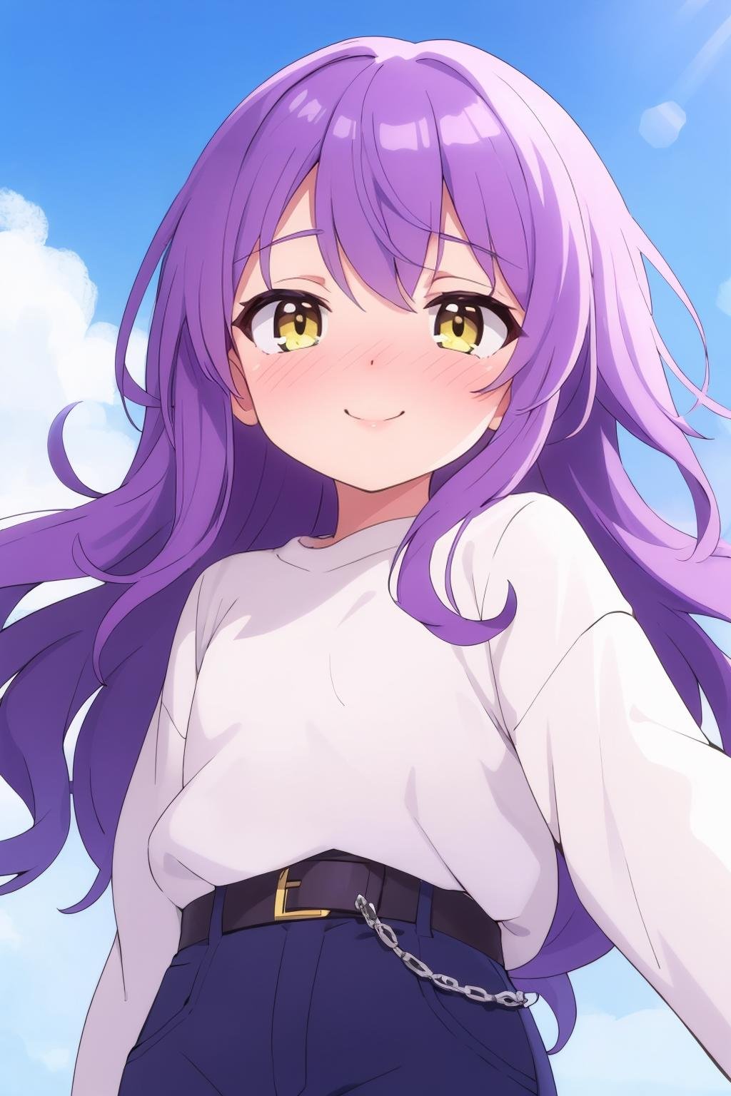 masterpiece, best quality, solo, petite, long hair, wavy hair, purple hair, yellow eyes, nose blush, seductive smile, pants, portrait, blue sky, 