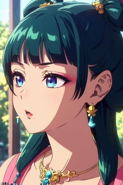 <lora:maomao-08:0.8>maomao,Dark green hair,blue eyes,hair ornament, hair bun, Earrings,Earrings,Gold necklace，Red eye shadow((extremely realistic shading, masterpiece, extremely detailed, photorealistic))