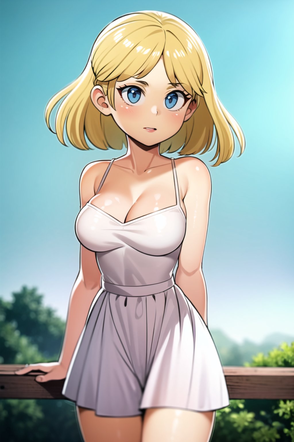 ((masterpiece, best quality)),solo,1girl, loriloud, lori loud, highres, blonde hair, short_hair, detailed, soft lighting, outdoors, white dress, cleavage