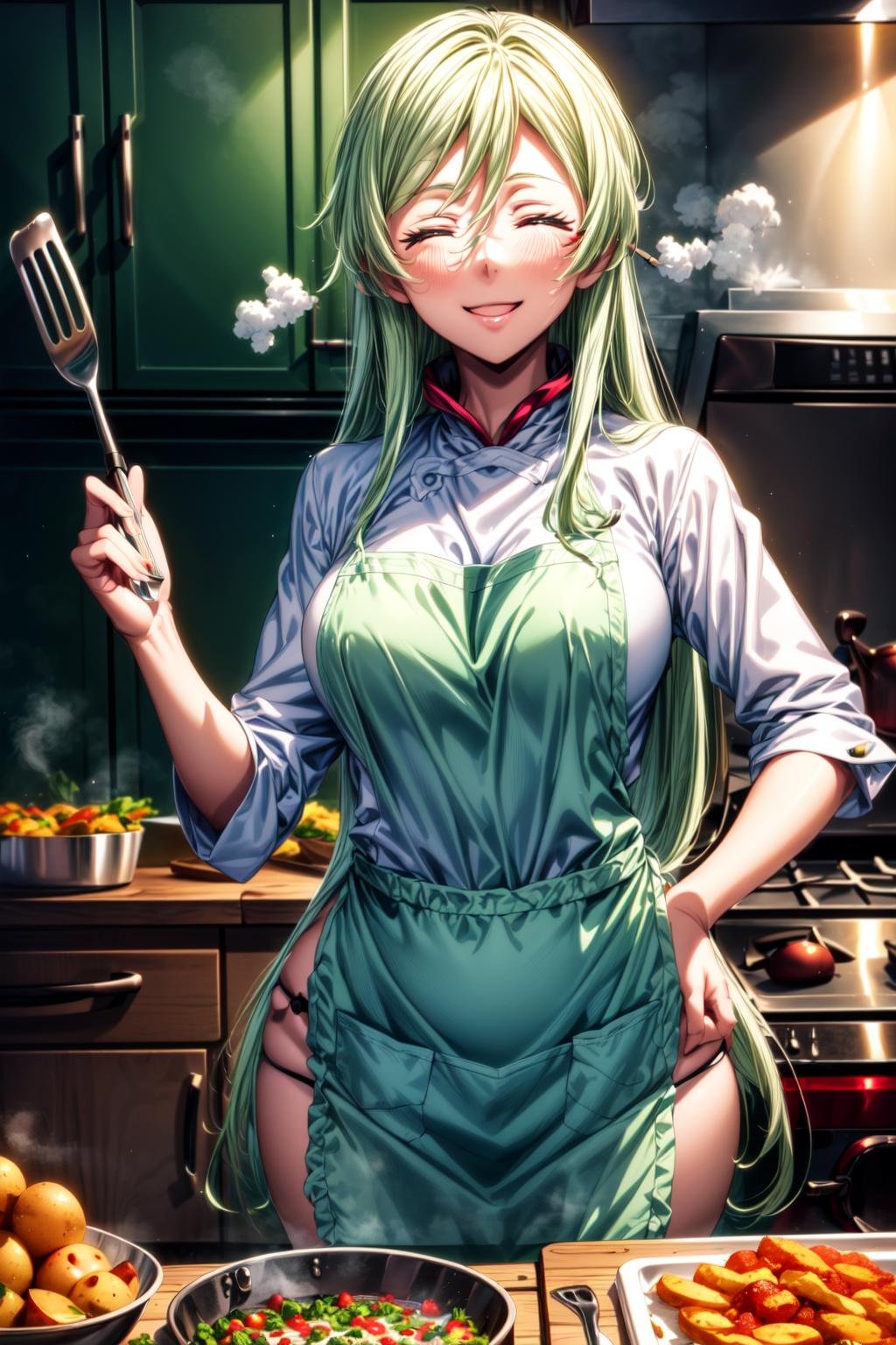 best quality, masterpiece, 1girl, (solo:1.1), raytracing, ultra detailed,detailed face, 8k wallpaper, (large breasts, wide hips:1.2), <lora:more_details:1>, TreyniTensuraNDV, (green hair:1.2), very long hair, under-eye marks, long hair, smile,  <lora:TreyniTensuraNDV:0.7>, (apron, frying potatoes, frying pan, kitchen spatula, kitchen, closed eyes,happy, steam, fire, kitchen stove:1.3)