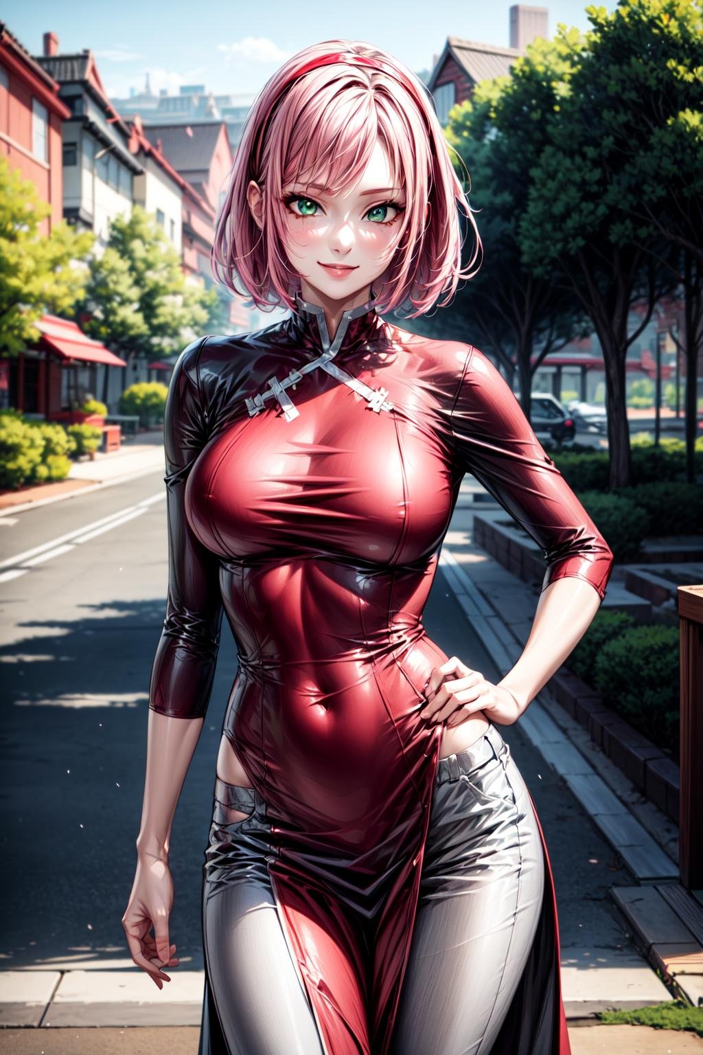 best quality, masterpiece, 1girl, (solo:1.1), raytracing, ultra detailed,detailed face, 8k wallpaper, (medium breasts, wide hips:1.2), <lora:more_details:1>, SakuraHarunoNDV, 1girl, pink hair, short hair, green eyes, forehead mark, medium breasts, hairband, sleeveless,  <lora:SakuraHarunoNDV:0.7>, outdoor, smile, grey pants, sleevelerss robe, red robe