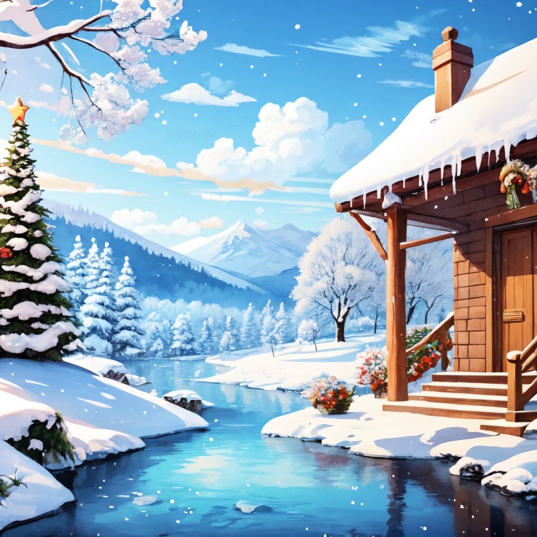 more centralizated, a christmas wallpaper with a snowing tree, a little bit in ilustration studio ghibli style, a little watercolor, the sky is clear, the art is beautiful, like a landscape,