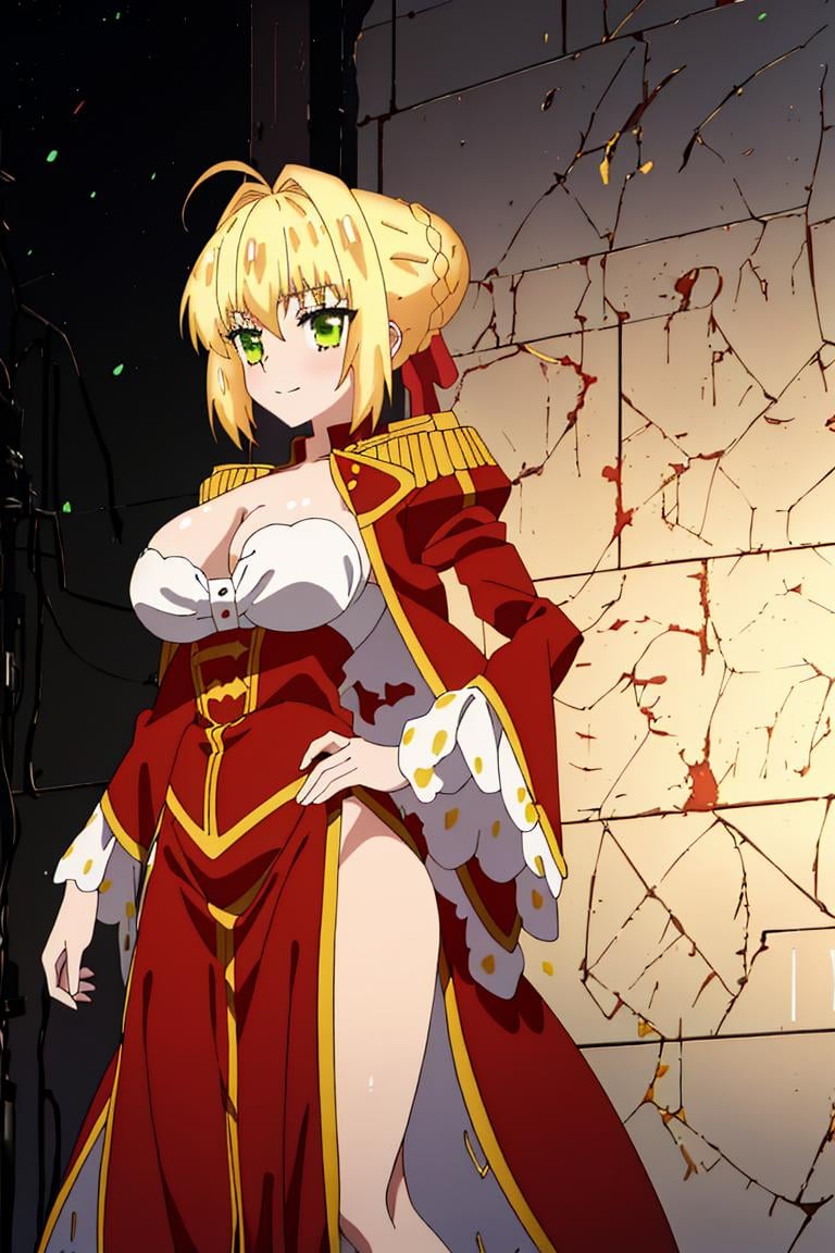 <lora:last_encore_512:1>,masterpiece,best quality,1girl,solo,fxle_anime,nero,blonde hair,large breasts,long dress,red dress,cleavage,white bra,long sleeves,nice hand,good hand,