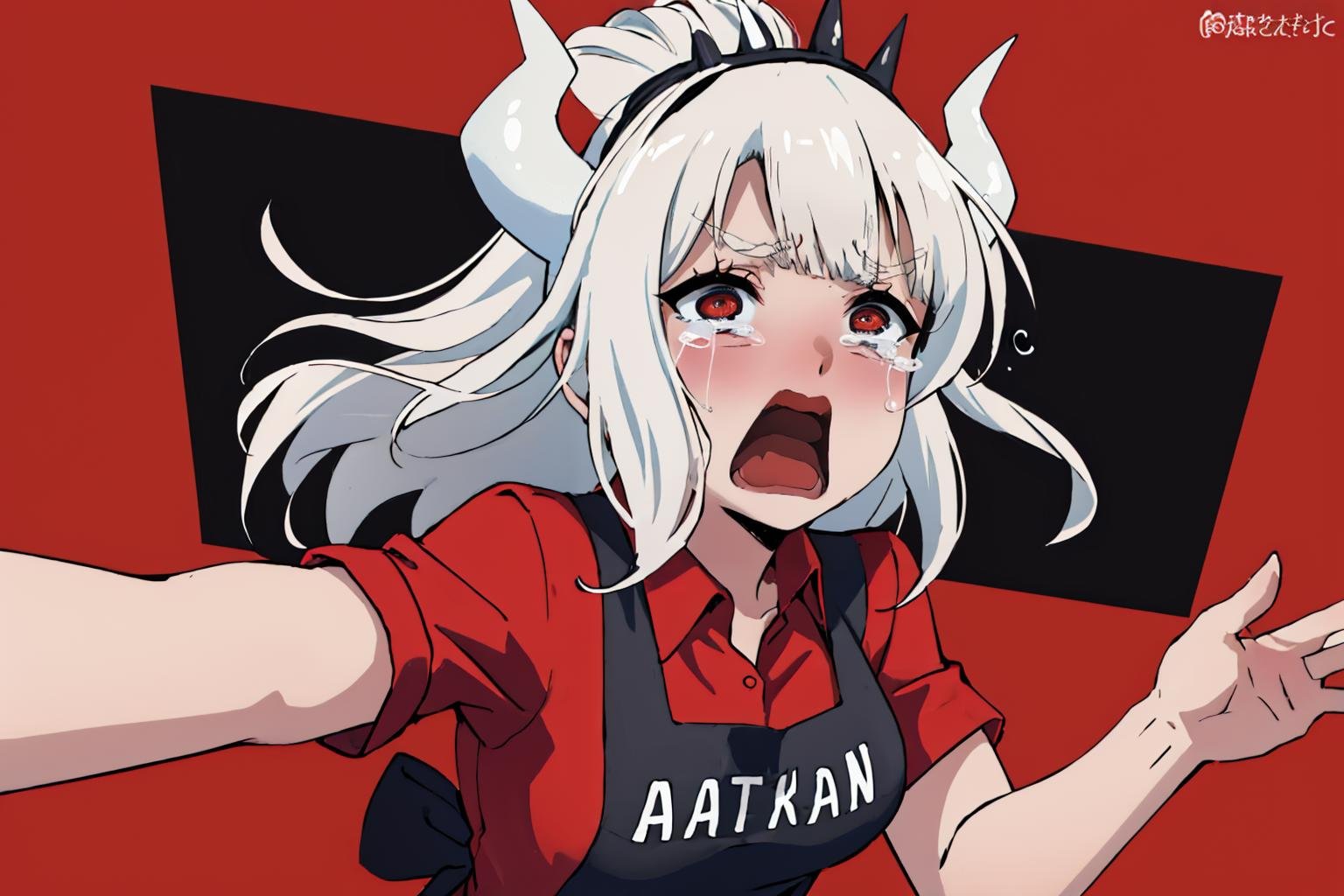 (masterpiece, best quality:1.2), aquascreaming, solo, 1girl, luciferapron, screaming, open mouth, crying with eyes open, red shirt, black apron <lora:helltaker_lucifer:1> <lora:concept_aquascreaming:1>