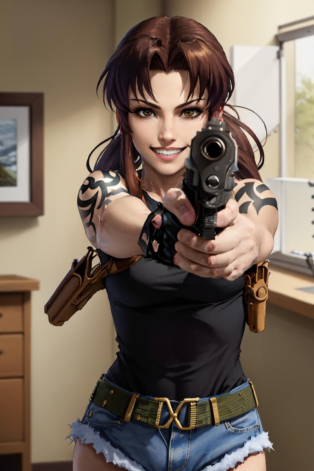 (masterpiece, best quality:1.2), solo, 1girl, revy, grin, looking at viewer, gunatyou, beretta 92, gun, aiming at viewer, holding gun, ponytail, tank top, fingerless gloves, denim shorts, belt, holster <lora:blacklagoon_revy:1> <lora:gunAimingAtYouV1:0.8>